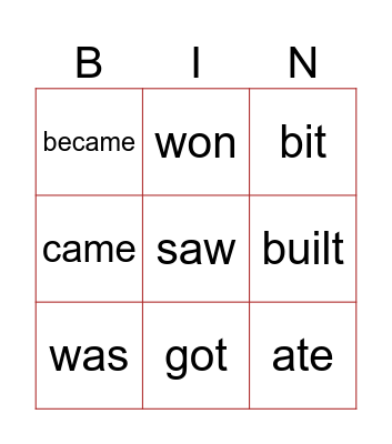 Irregular Verbs Bingo Card