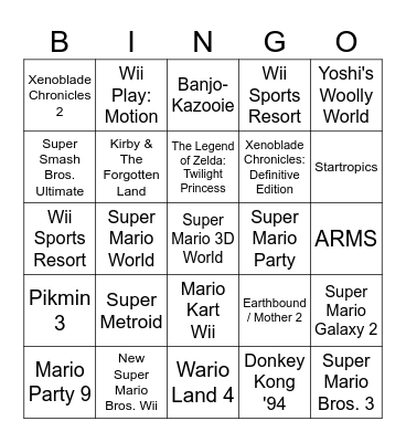 Nintendo Music Wishlist Bingo Card