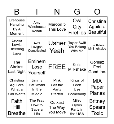 2000s Pop Hits Bingo Card