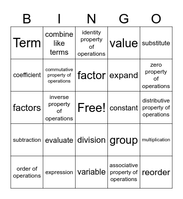 Expressions and Equations Bingo Card