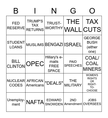 DEBATE BINGO 9/26/16 Bingo Card