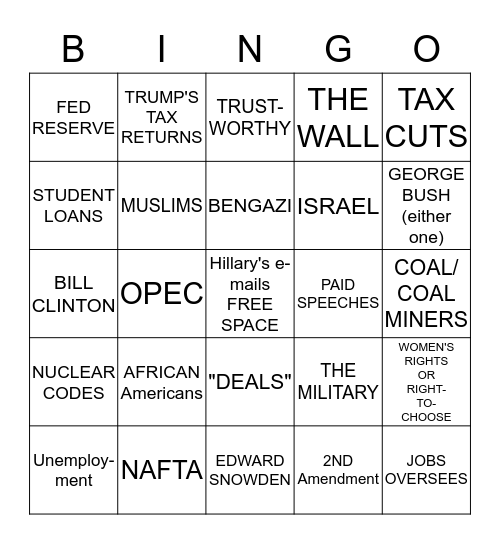 DEBATE BINGO 9/26/16 Bingo Card