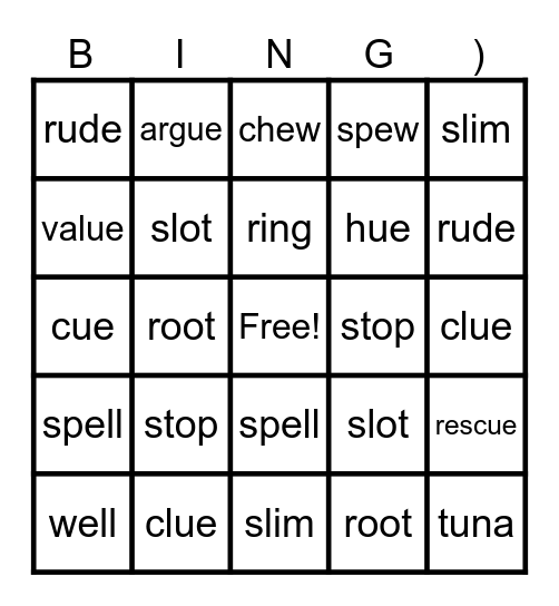 Spelling Unit 2 Lesson 5 Bingo Card