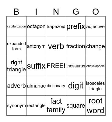 3rd Grade Bingo Card