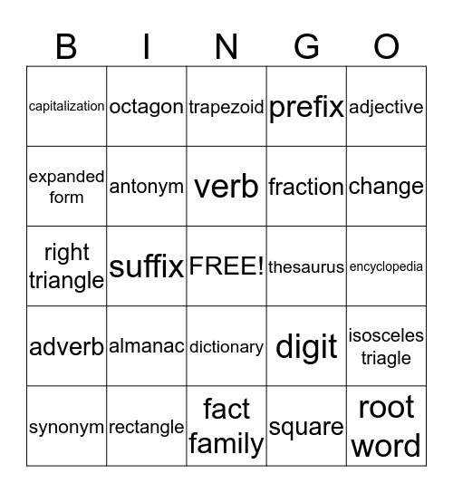 3rd Grade Bingo Card