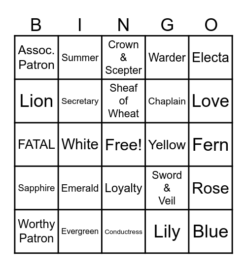 Eastern Star Bingo Card