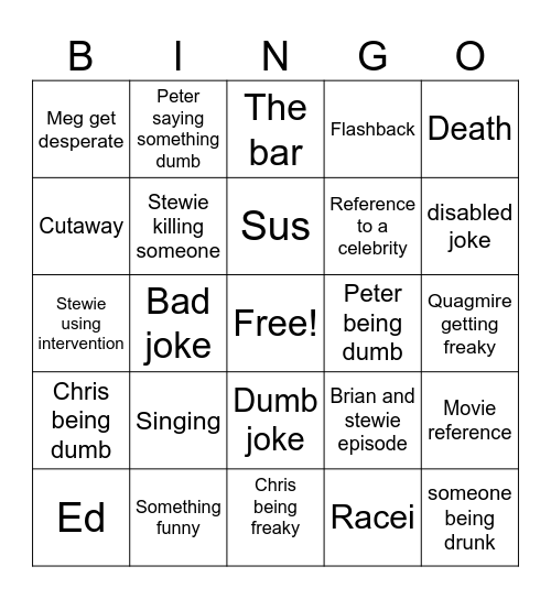 Family guy Bingo Card