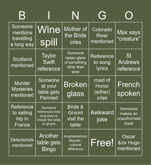 Jayla Wedding Bingo Card
