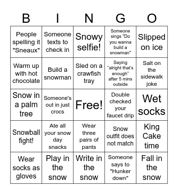 Nola Snow Day Bingo Card