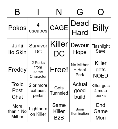 DBD Chaos Shuffle Bingo Card