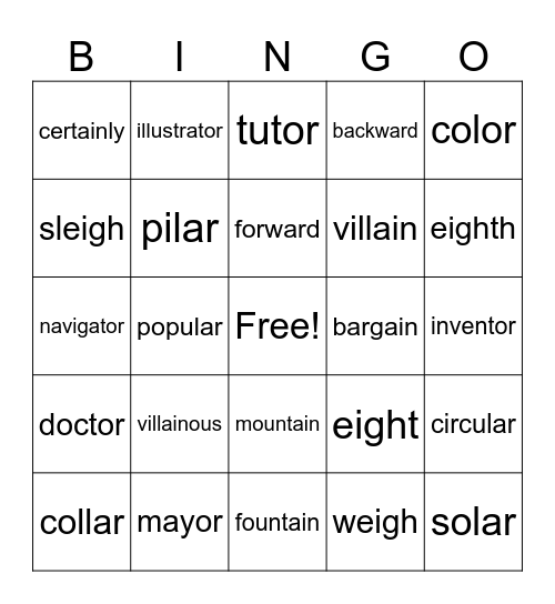 Word Review Bingo Card