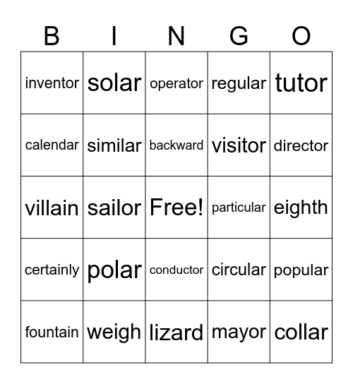 Word List #2 Bingo Card