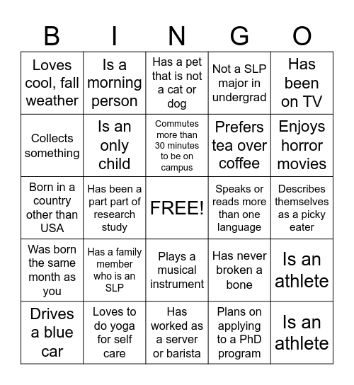 SLP Graduate Student Bingo Card