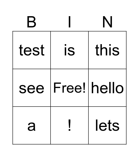 test 1 Bingo Card