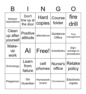 Beginning of the Semester Bingo! Bingo Card