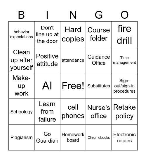 Beginning of the Semester Bingo! Bingo Card