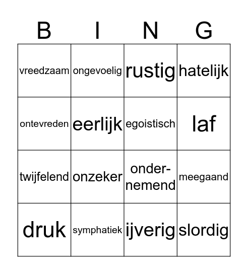 karakter Bingo Card