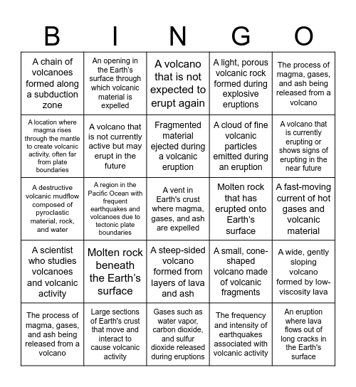 Volcano Vocabulary Bingo Card