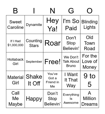 Name That Tune! Bingo Card
