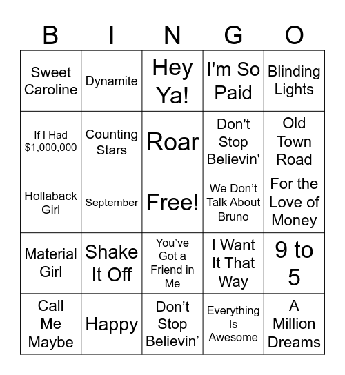 Name That Tune! Bingo Card