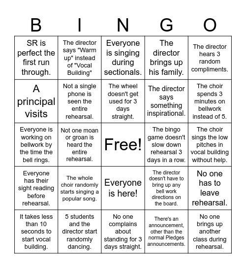 Choir Discipline Bingo Card