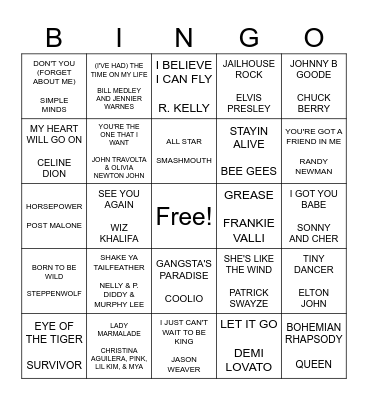 POPULAR MOVIE SONGS Bingo Card
