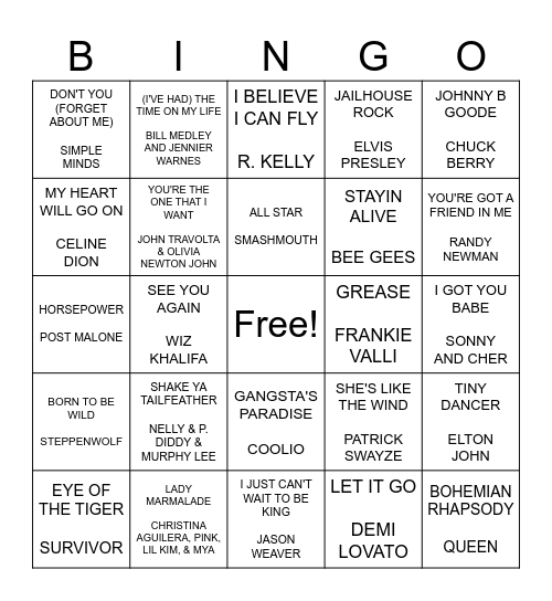POPULAR MOVIE SONGS Bingo Card