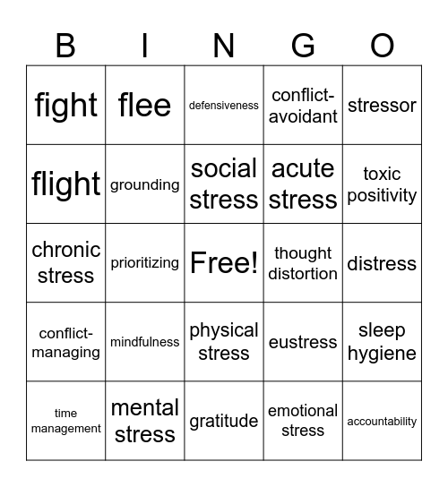 Stress Management Bingo Card