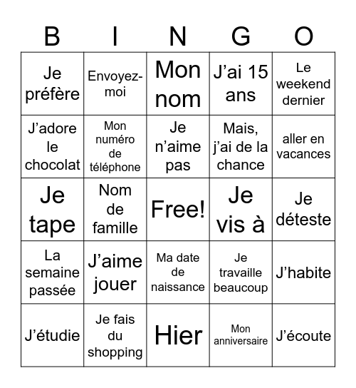 Je me présente Bingo Card