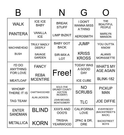1990'S HITS Bingo Card