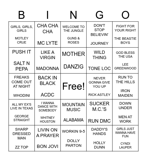 1980'S HITS Bingo Card