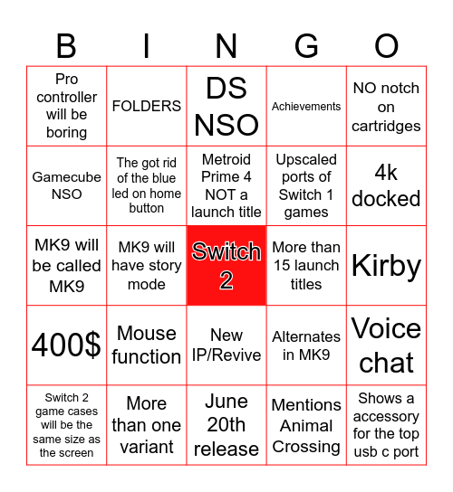 Switch 2 Direct Bingo Card