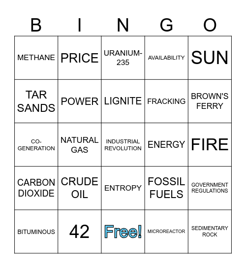 Energy in Action Bingo Card