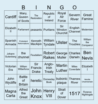 History Exam Bingo Card