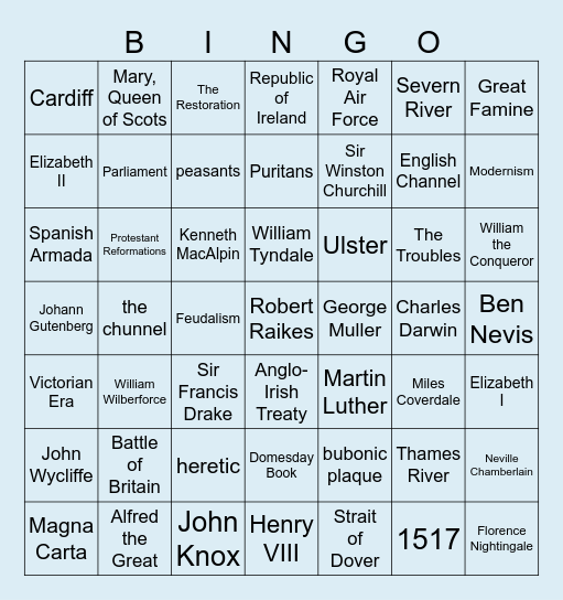 History Exam Bingo Card