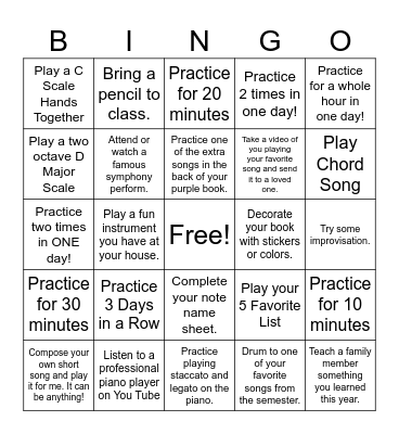 Music Practice BINGO Card