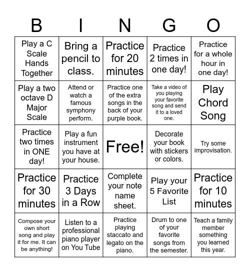 Music Practice BINGO Card