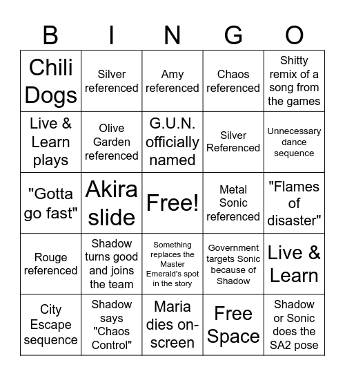 Sonic 3 Bingo Card