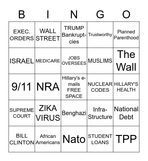 DEBATE BINGO 9/26/16 Bingo Card