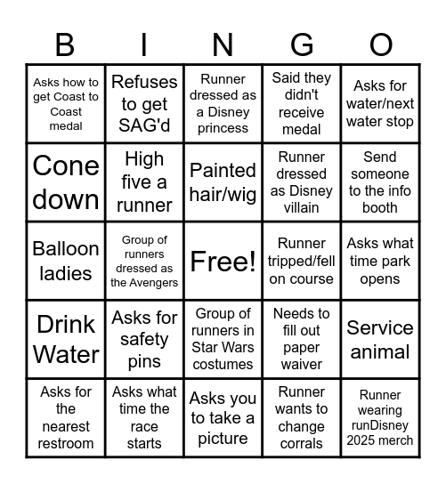 Disneyland Half Marathon Weekend Bingo Card