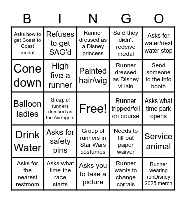 Disneyland Half Marathon Weekend 2025 Bingo Card
