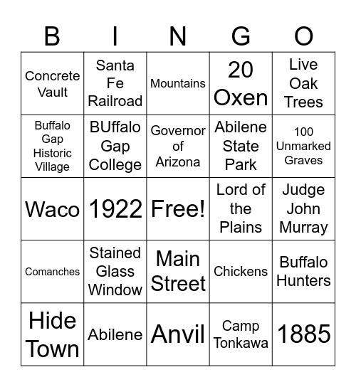 History Of Buffalo Gap Bingo Card
