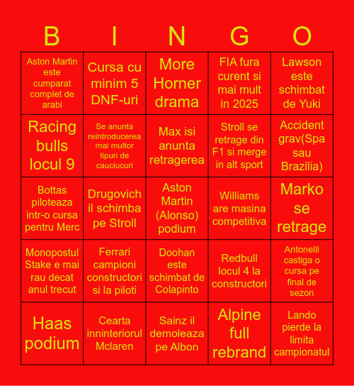 F1 bingo Card