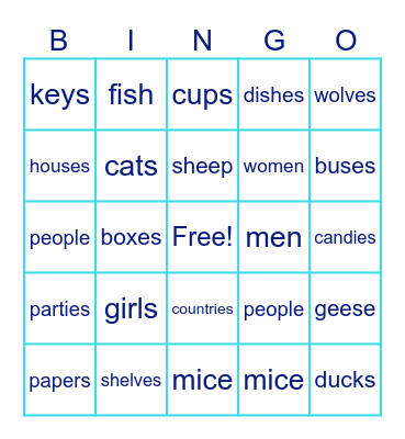 Plural Nouns Bingo Card