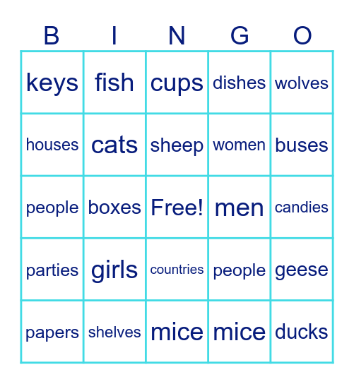 Plural Nouns Bingo Card