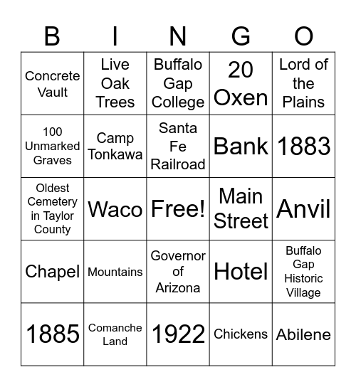 History Of Buffalo Gap Bingo Card