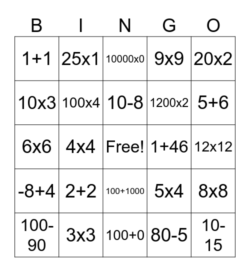 Medium-Hard Math Bingo Card