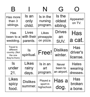 Multicultural Student Association Bingo Card