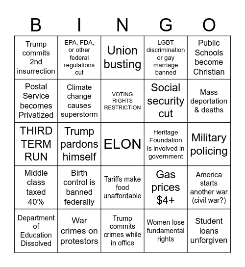 Project 2025 BINGO Card