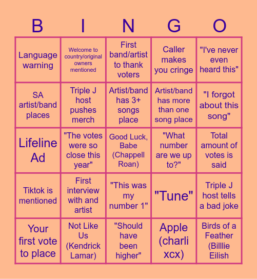 Triple J Hottest 100 Bingo Card